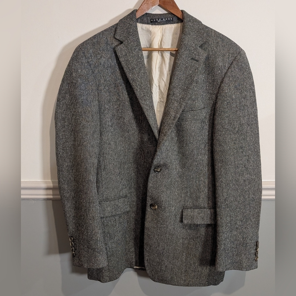 Hugo Boss Black White Tic Weave Wool Silk Blend Blazer‎ Jacket 40R